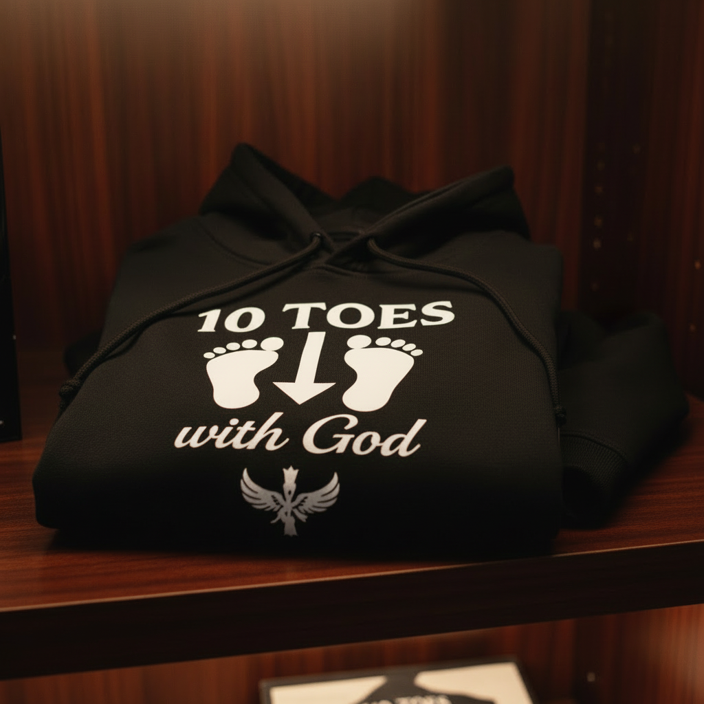 Folded 10 Toes Down hoodie highlighting front graphic and thick premium fabric.