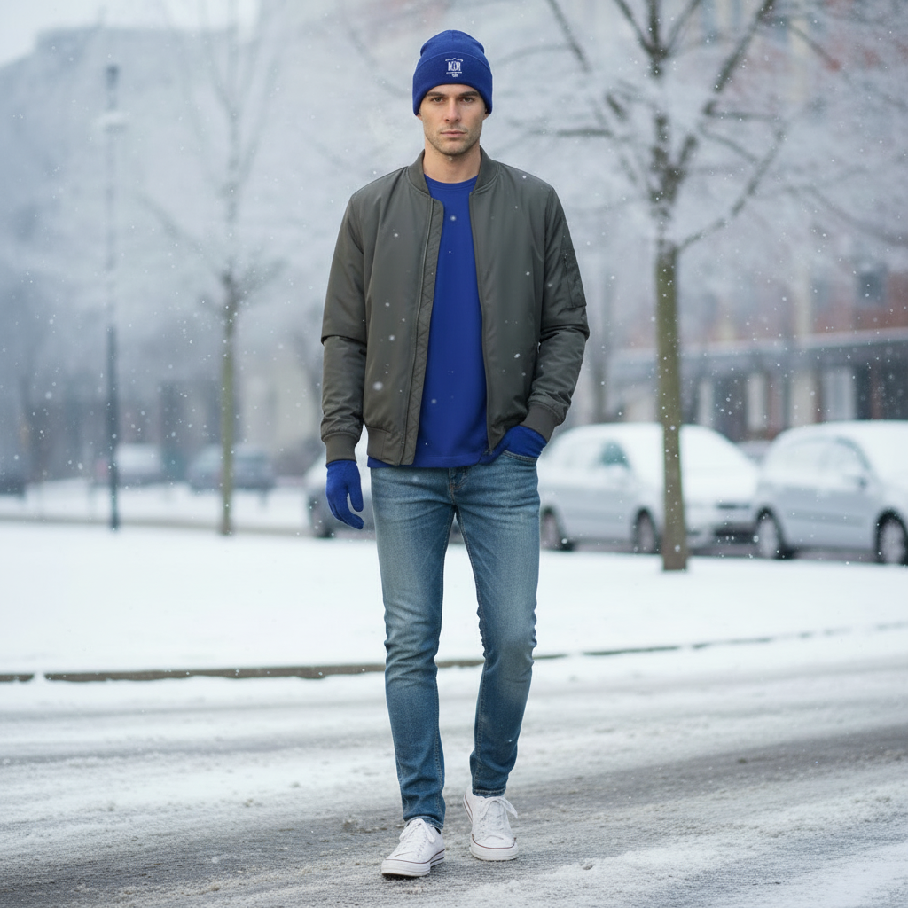 “Man walking outdoors in winter wearing the blue 10 Toes Down beanie.”