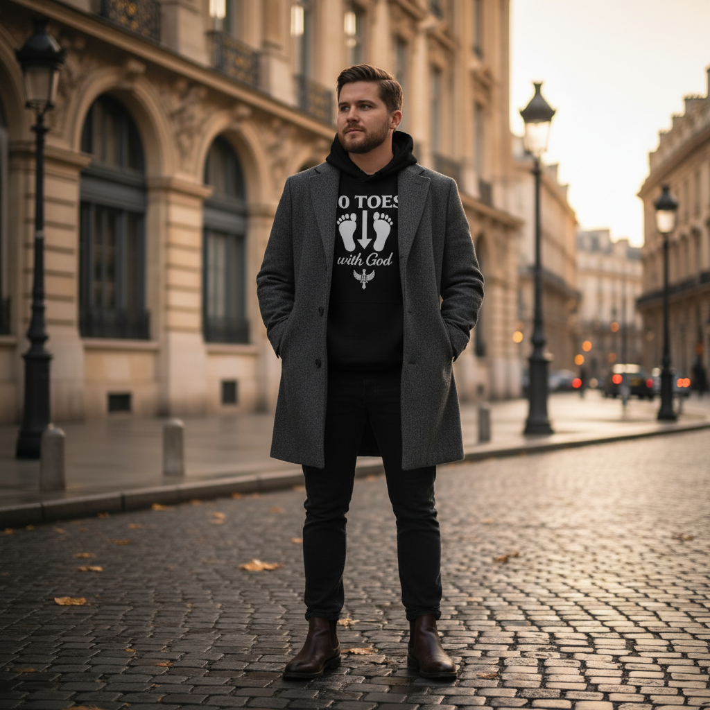 “Man walking in city wearing black 10 Toes Down hoodie, lifestyle outdoor photo.”