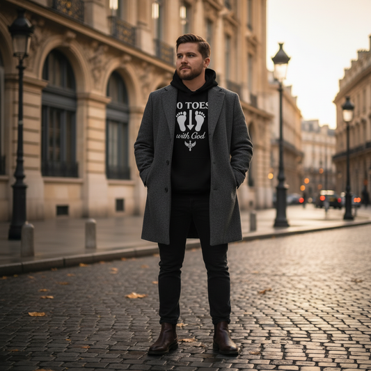 “Man walking in city wearing black 10 Toes Down hoodie, lifestyle outdoor photo.”