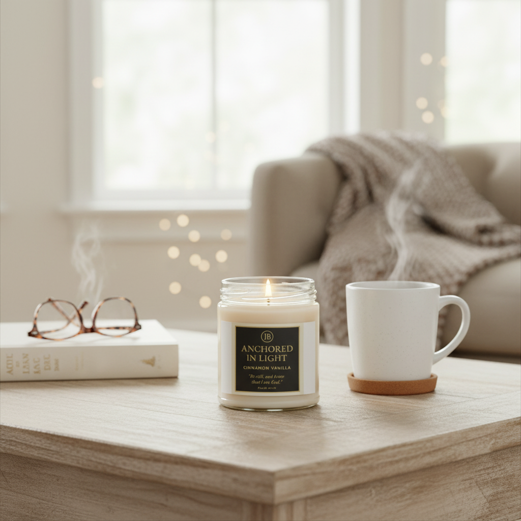 Anchored In Light candle burning on a wooden coffee table beside a white mug, glasses, and books, with a soft blanket draped over the couch and warm bokeh lights in the background.