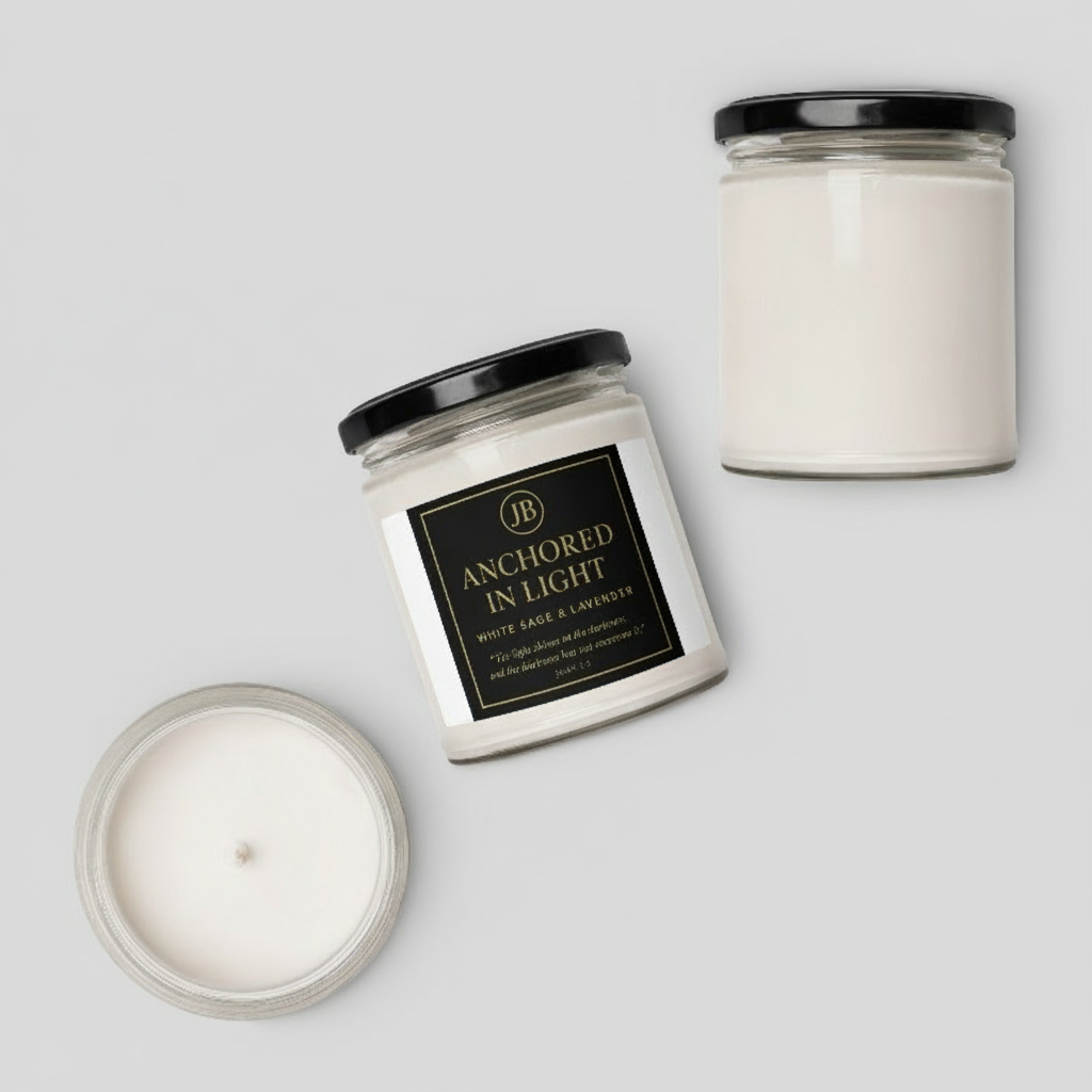 “Anchored in Light luxury candle with black and gold label, infused with white sage and lavender.”