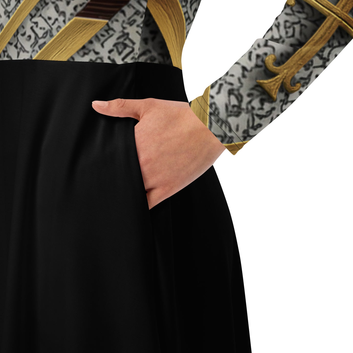 JBI Apparel long sleeve midi dress black and gold side view