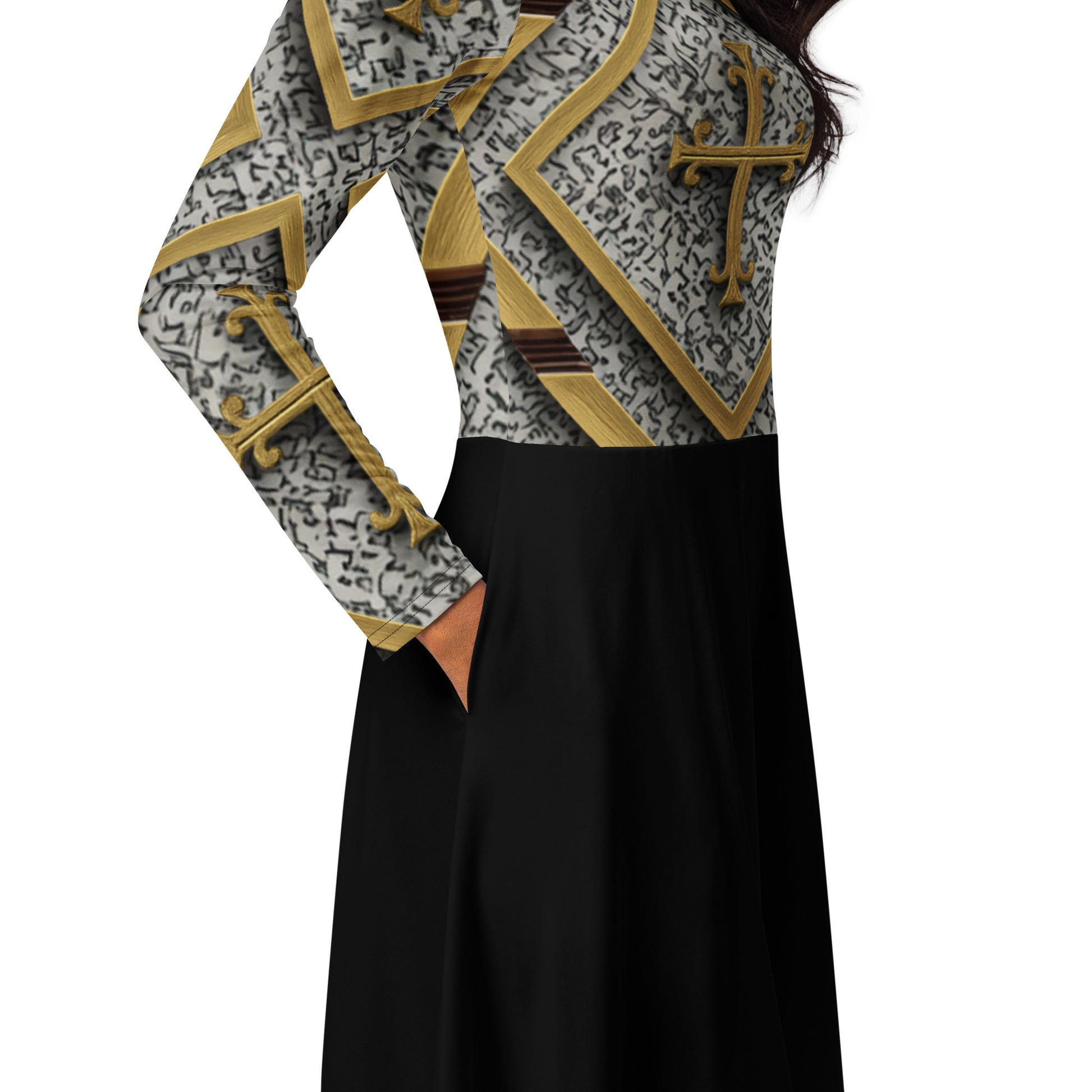 JBI Apparel long sleeve midi dress black and gold angled view