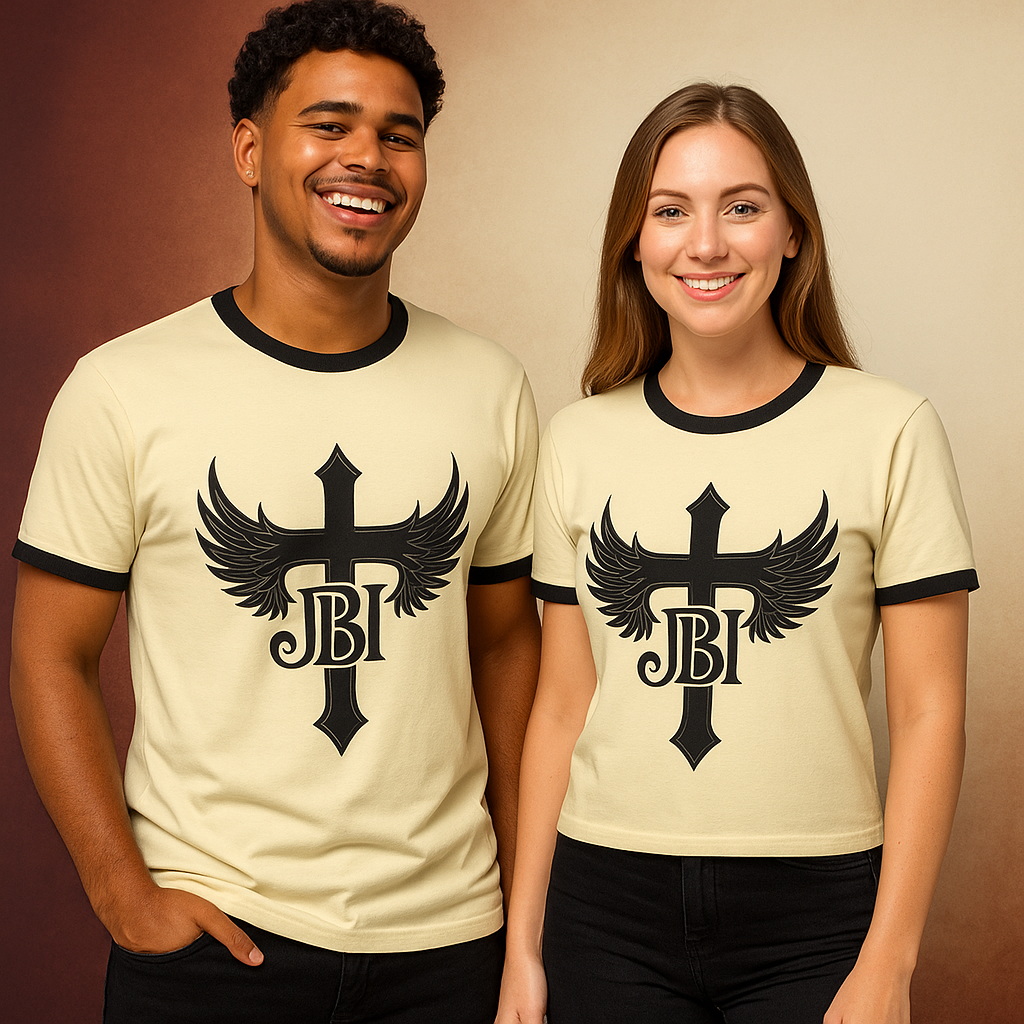 “Male and female models wearing JBI Wings Emblem Tees in Heather Gray, Natural + Black, and White + Black colorways.
