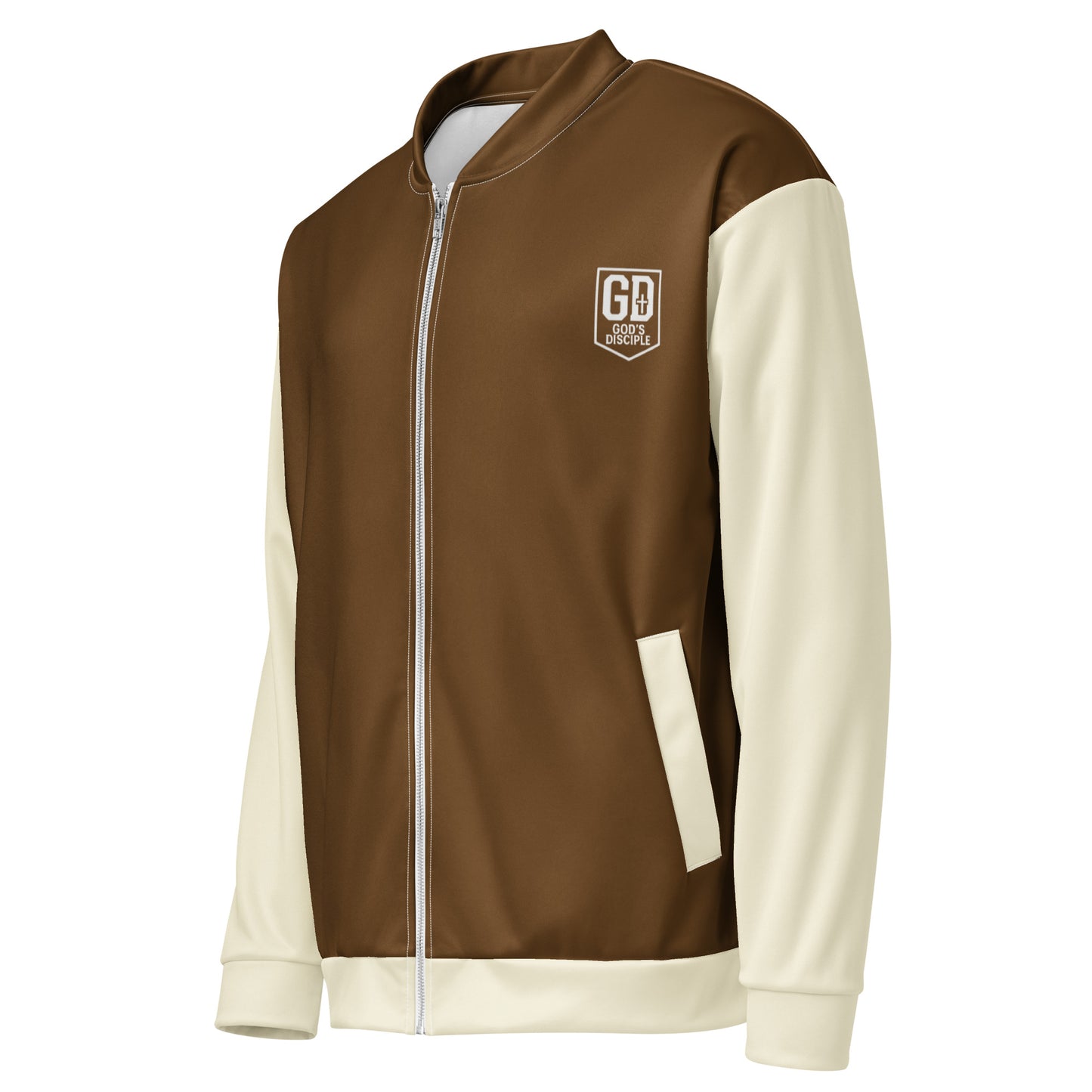 JBI Apparel unisex bomber jacket brown and cream side view