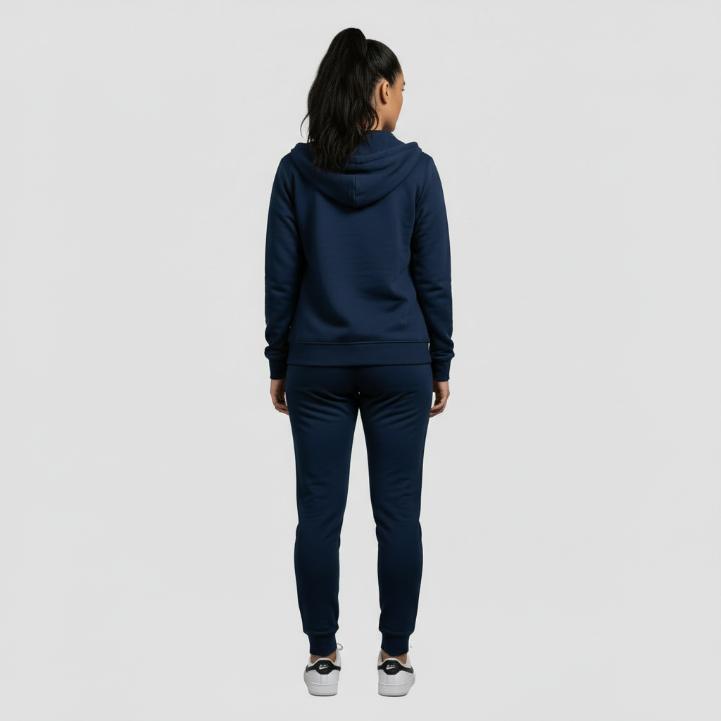 “Back view of woman wearing navy 10 Toes Down hoodie and joggers.”