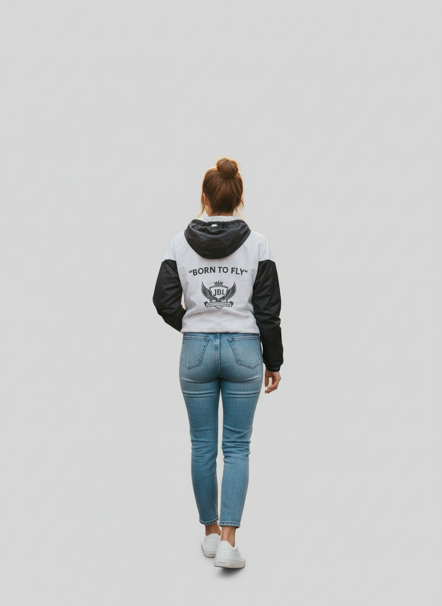“Back view of cropped JBI Wings windbreaker with large wing crest and ‘Born to Fly’ text.”