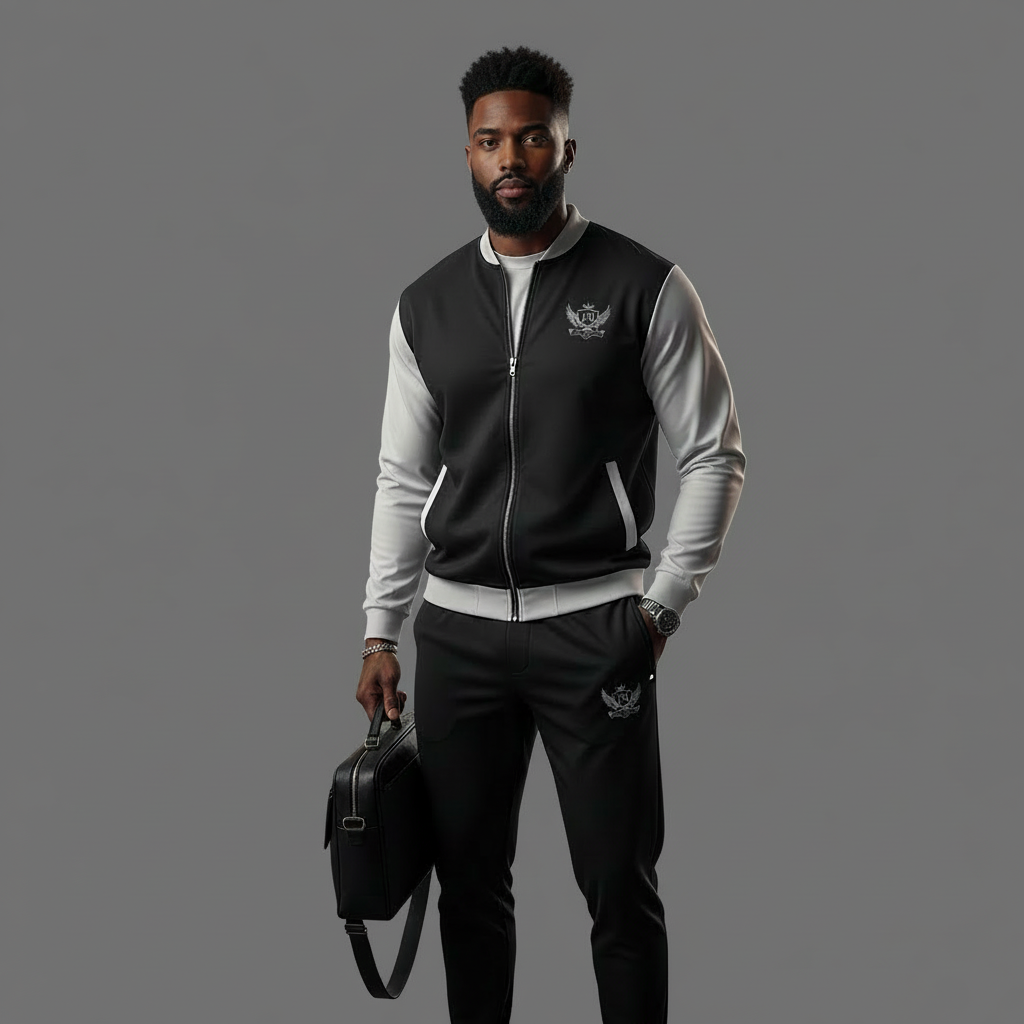 “Model wearing the JBI Wings Bomber Jacket in black and white with the signature wings crest on the chest, showcasing premium unisex Kingdomwear.”