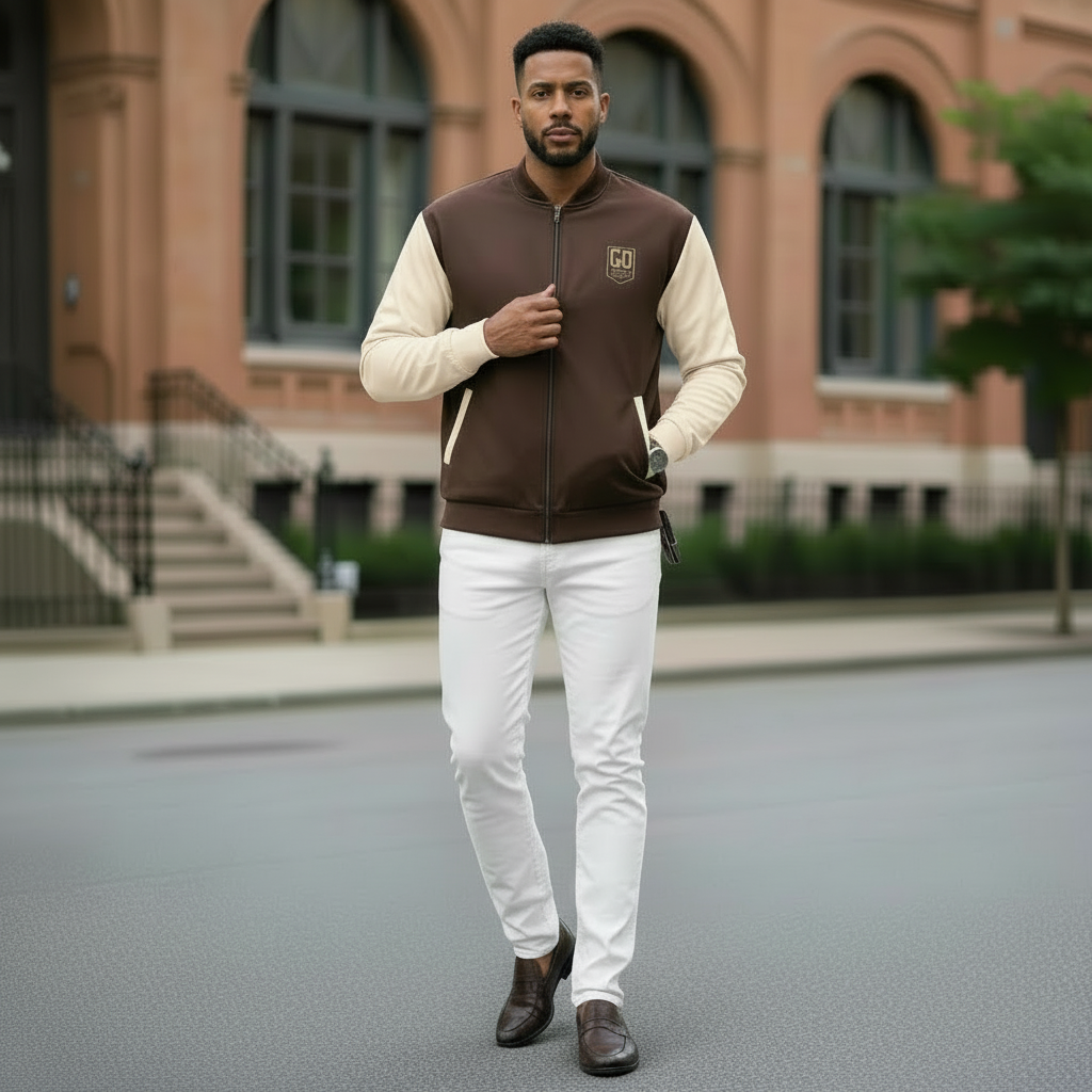 “Man wearing the God’s Disciple brown and cream bomber jacket walking confidently in a city street.”