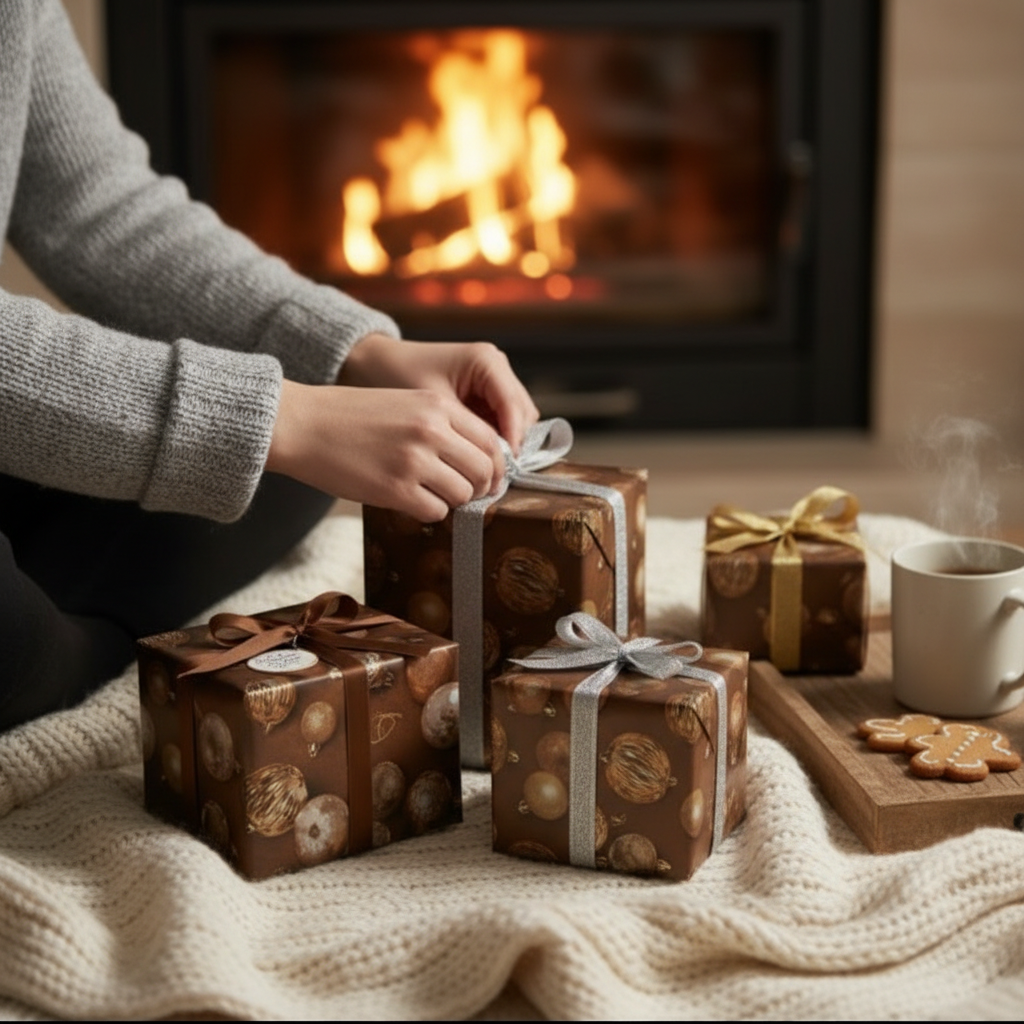 Person opening brown ornament-print Christmas gift boxes with silver, gold, and bronze bows while sitting on a cozy knitted blanket near a fireplace, with a mug of hot coffee and a gingerbread cookie on a wooden tray.