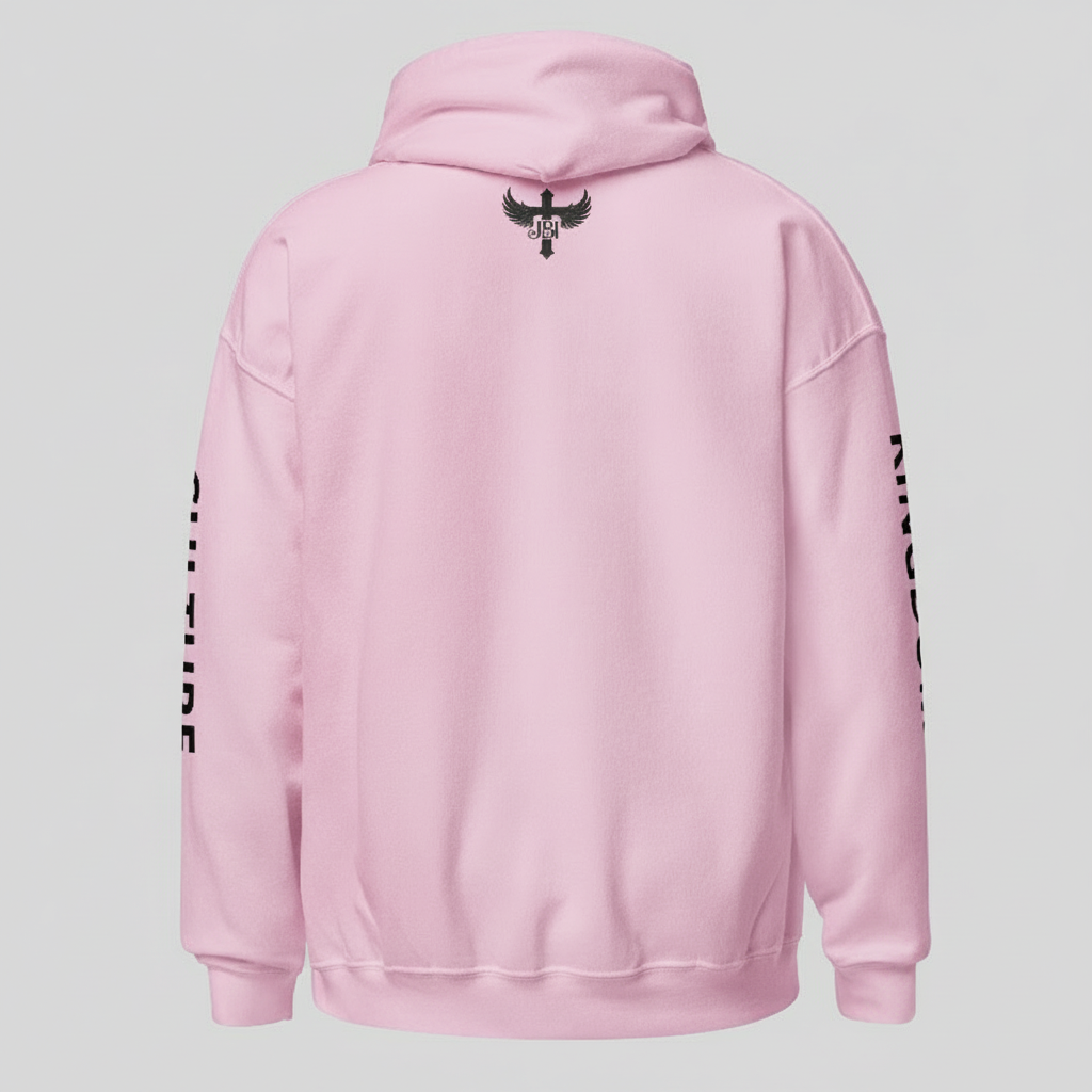Back view of pink God’s Disciple hoodie in studio