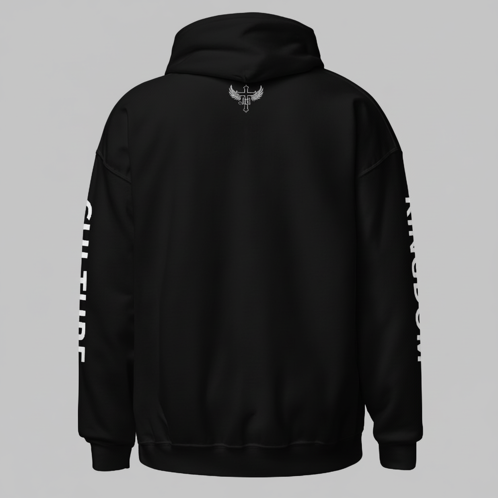 “Back of black God’s Disciple hoodie with hood up and clean minimal design.”