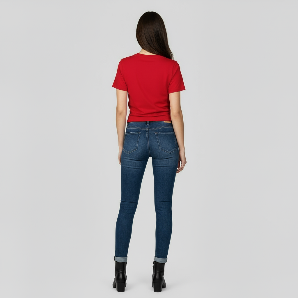 “Back view of woman wearing red JBI fitted tee.”