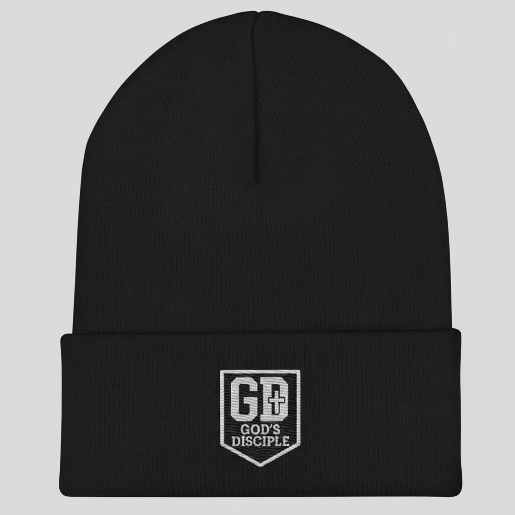 Black: “God’s Disciple black knit beanie with embroidered GD shield logo.”