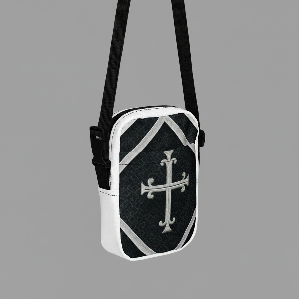 “Kingdom Luxe crossbody bag with black-and-white geometric design and bold cross emblem, offering luxury and faith-forward style.”