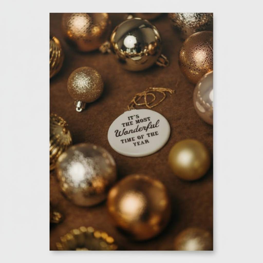 “Close-up of brown holiday wrapping paper featuring gold ornaments and metallic details.”