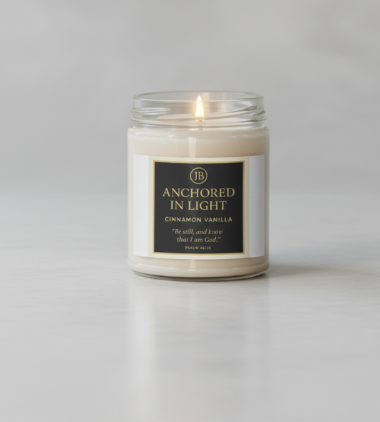 “Cinnamon Vanilla jar candle labeled ‘Anchored in the Light,’ displayed in a clear glass container.”