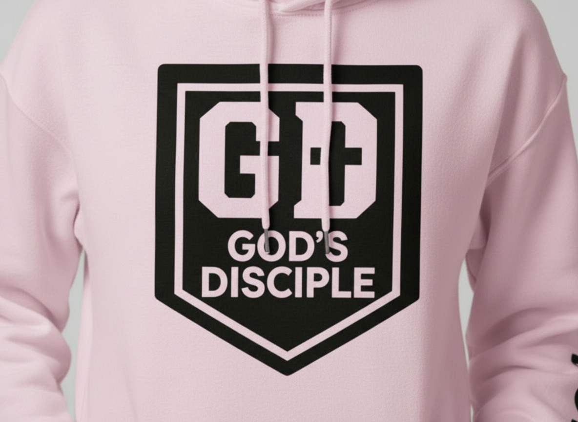 Close-up of God’s Disciple chest logo on hoodie