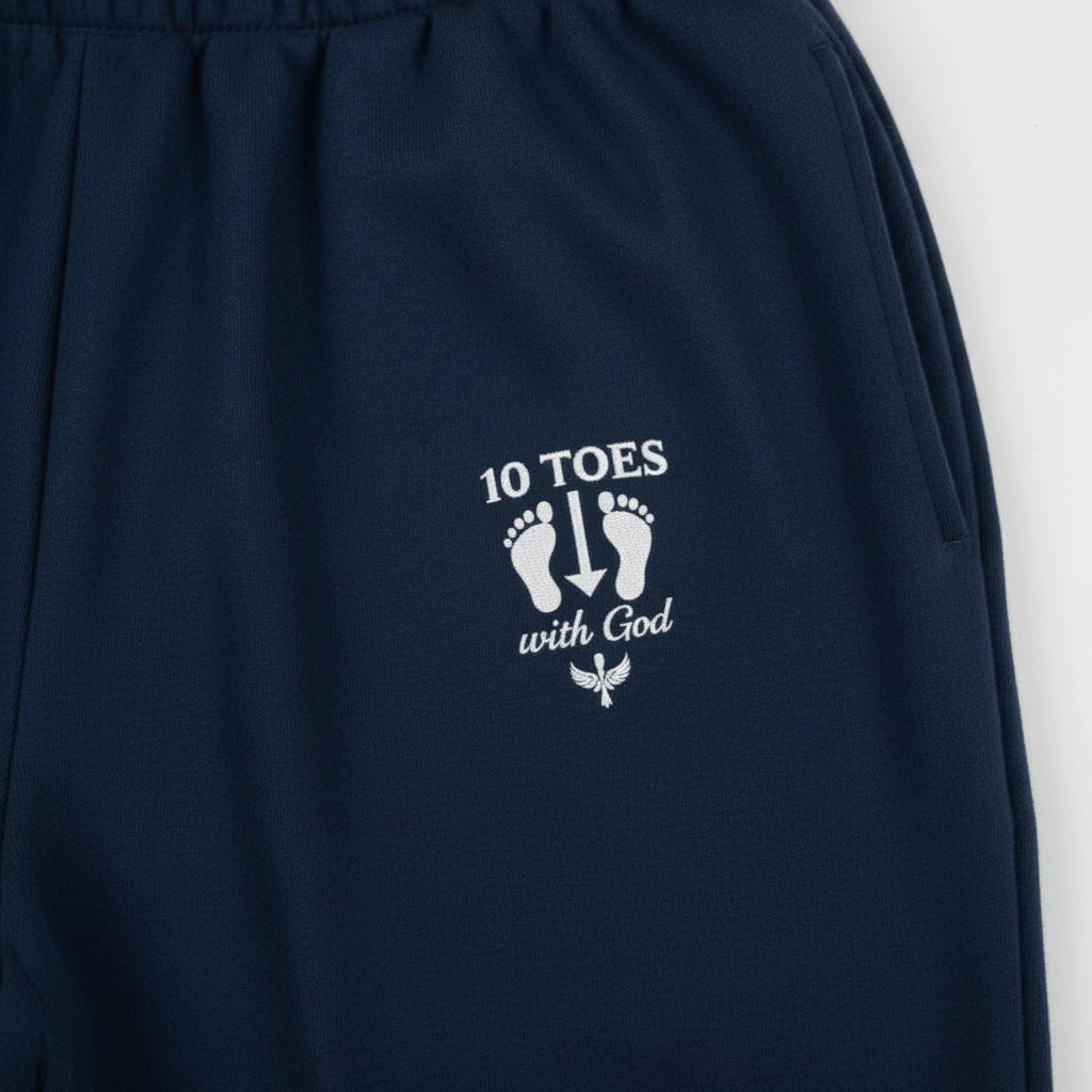 “Close-up of the 10 Toes Down jogger logo on navy fabric.”