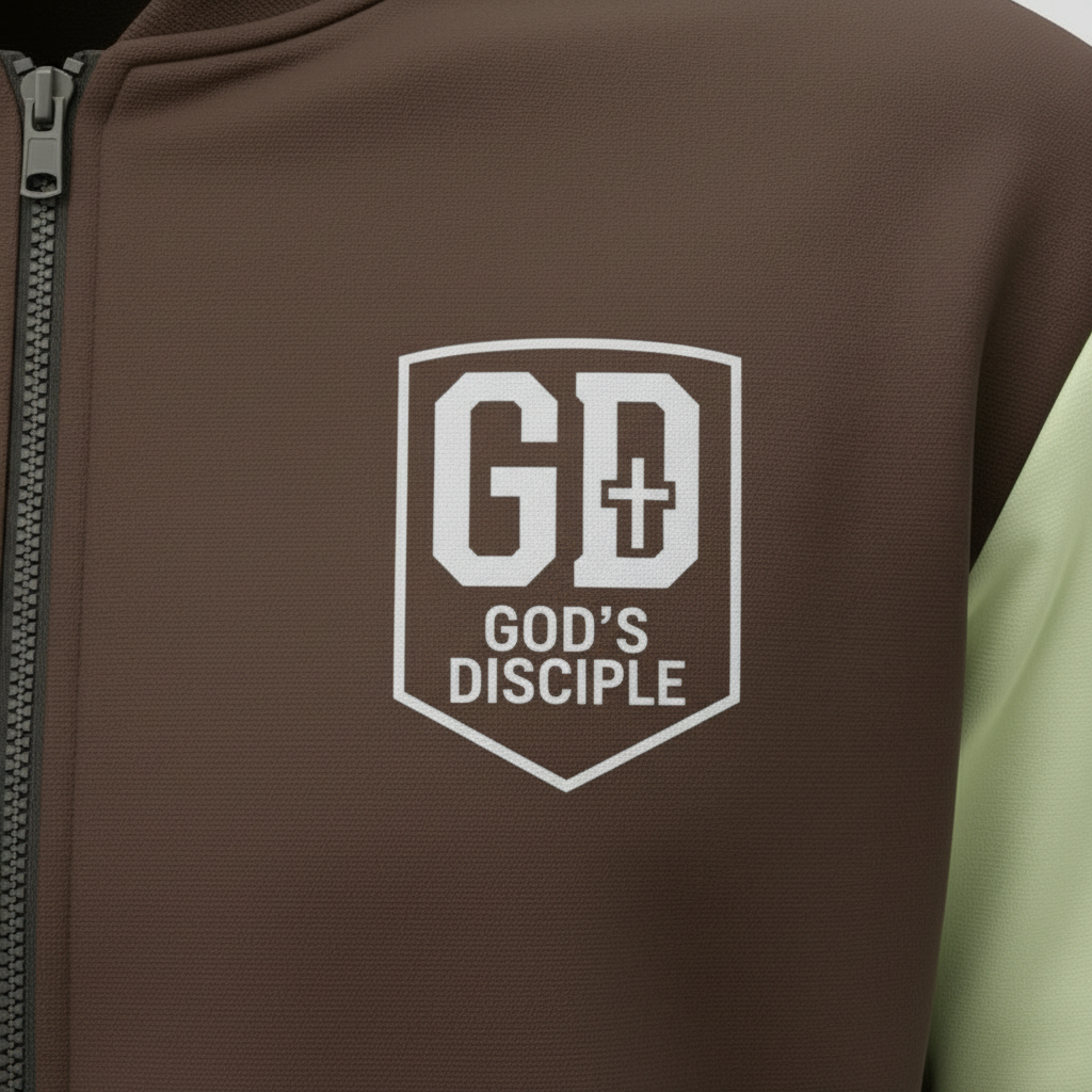 Close-up of the God’s Disciple GD shield emblem on the bomber jacket chest.