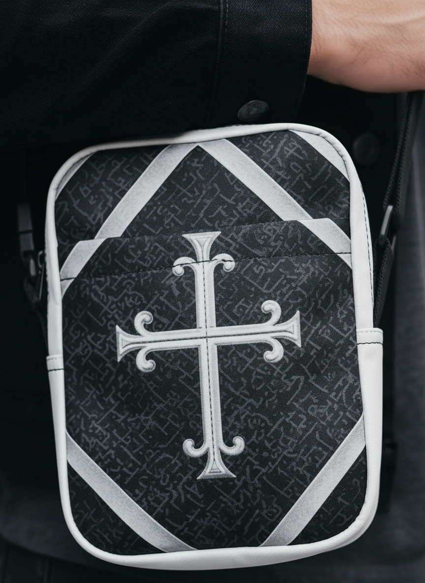 "Close-up of Kingdom Luxe Crossbody Bag featuring bold geometric cross design and high-quality detailing.