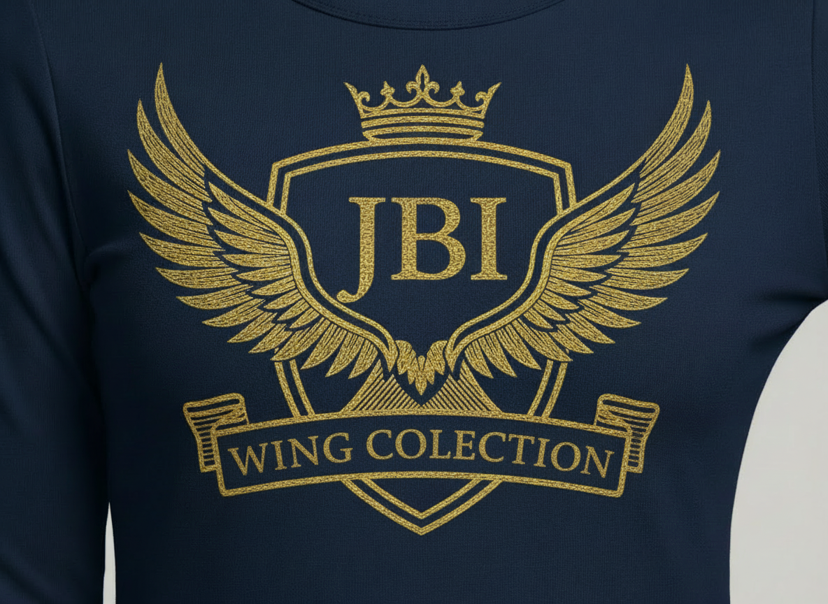 Navy long-sleeve JBI Wing Collection women’s midi dress with gold crest, fitted waist, flared skirt, and elegant Kingdomwear design.”