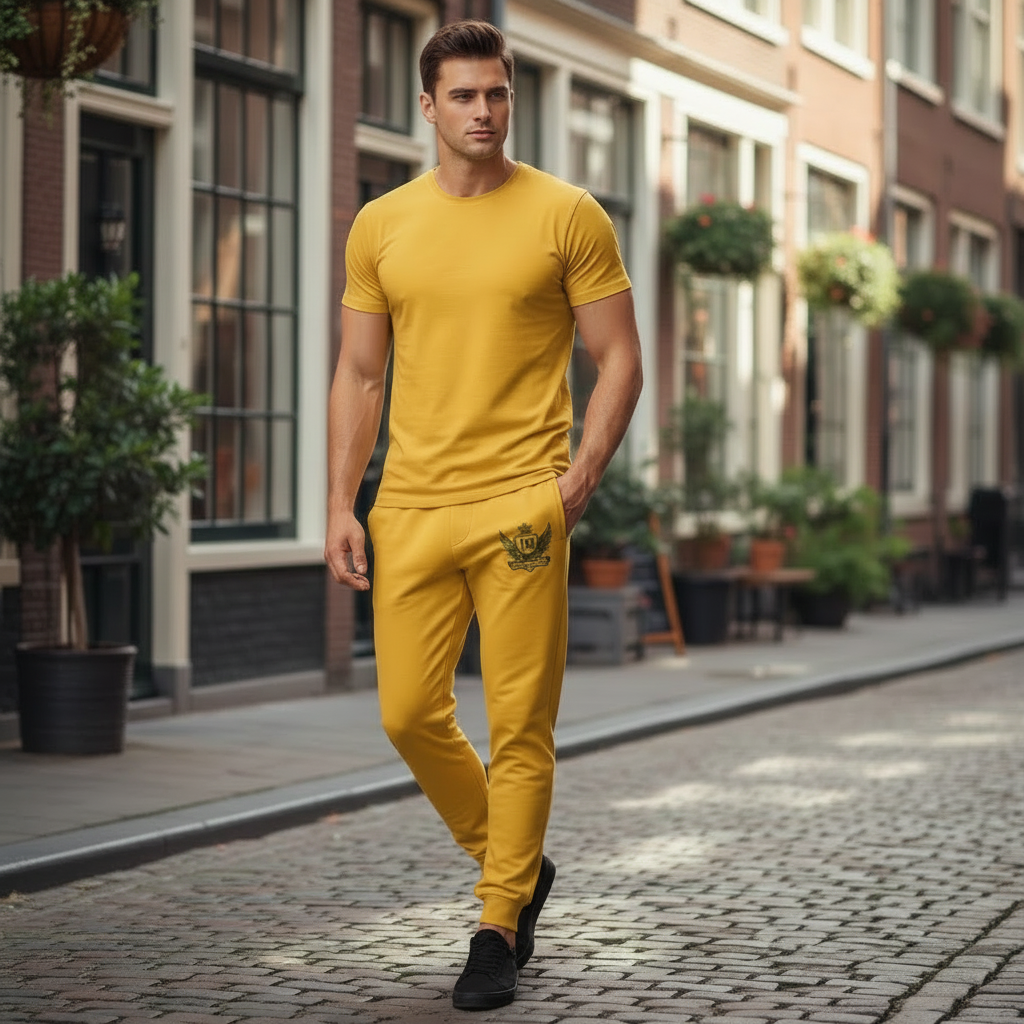“Outdoor lifestyle shot of model wearing yellow JBI Wing Collection joggers.”
