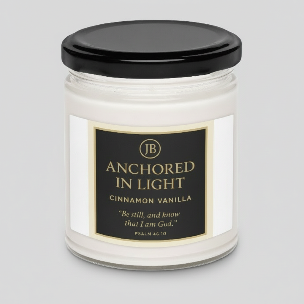 Faith-inspired Anchored in Light candle with black and gold label