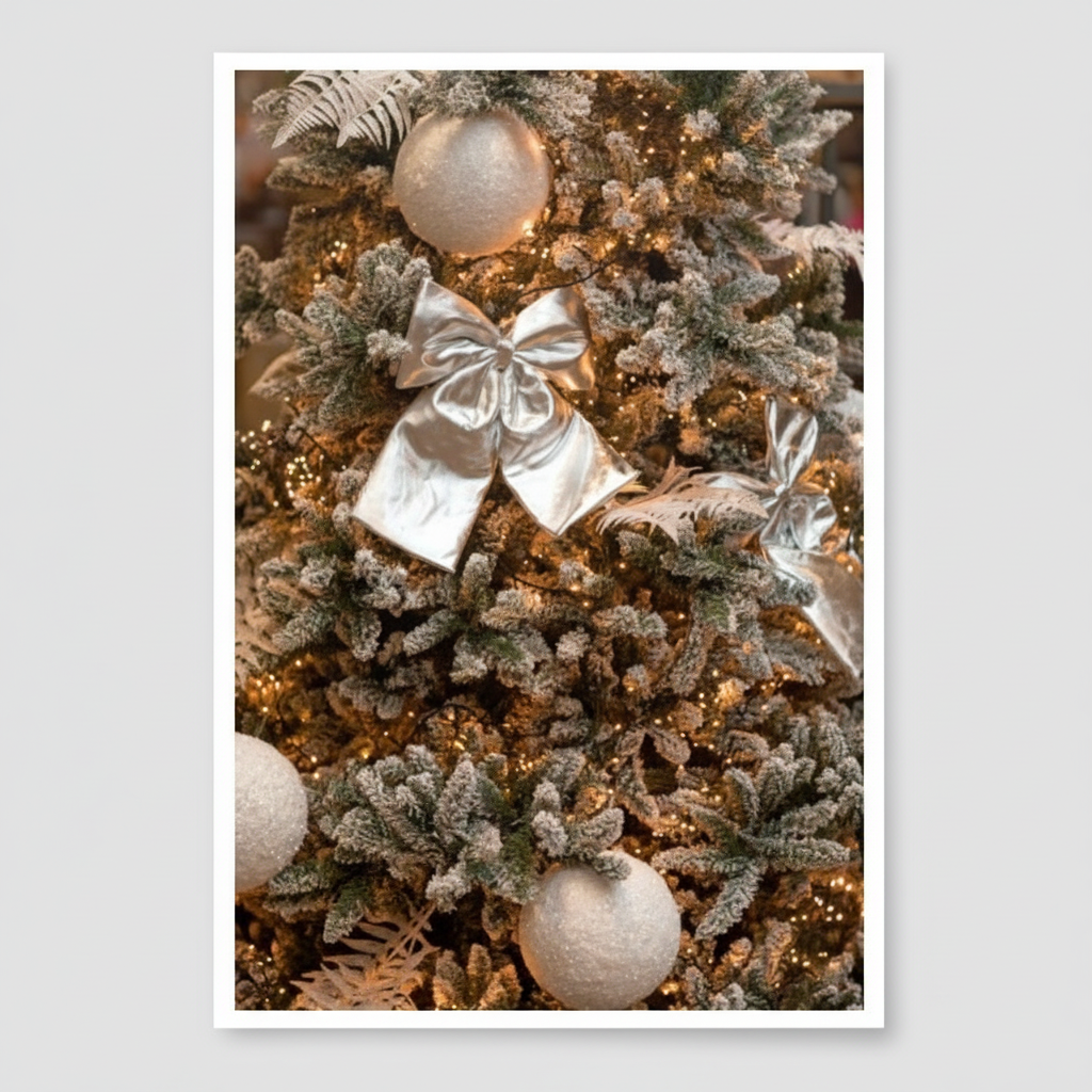 “Brown and gold Christmas wrapping paper displayed with festive ribbon and ornaments.”