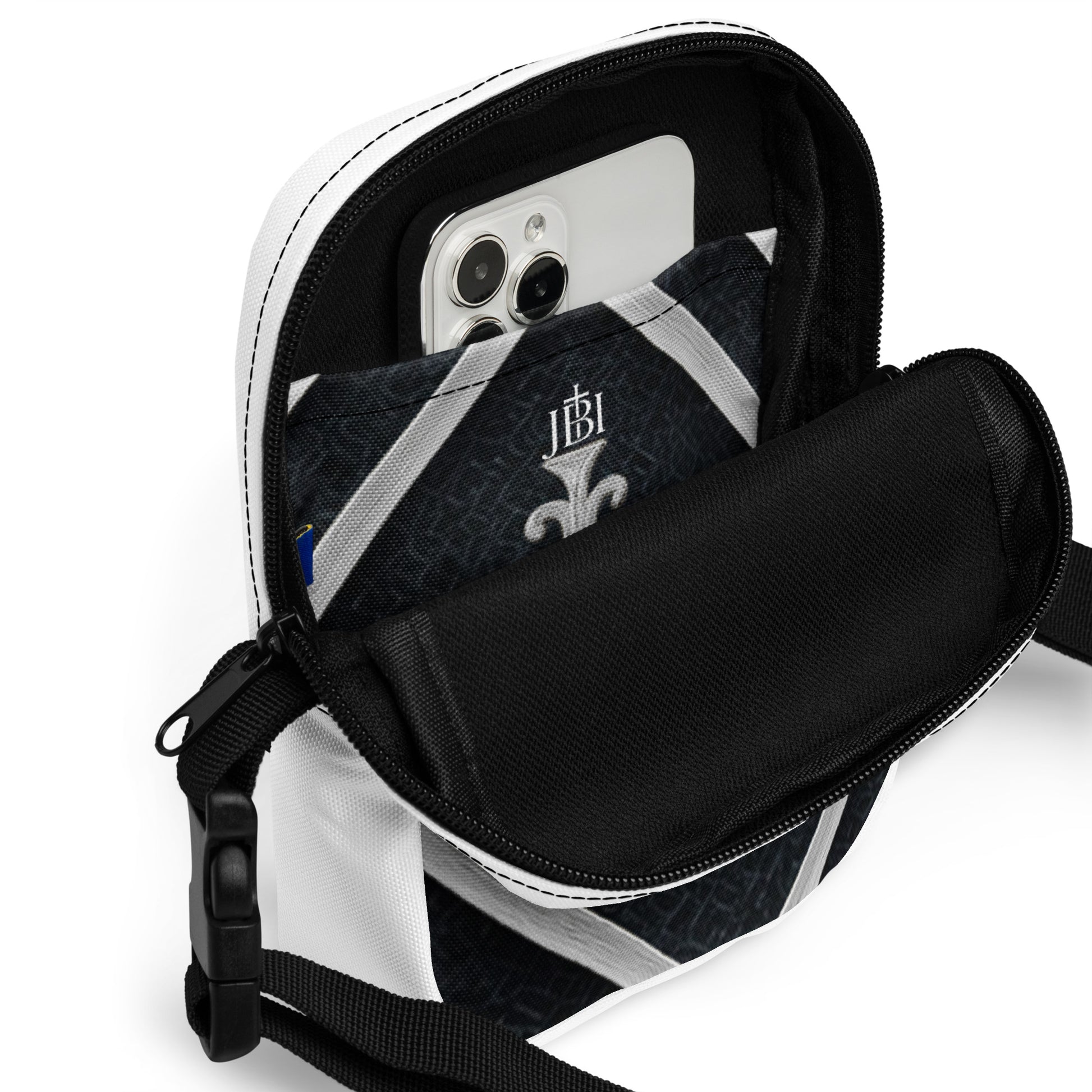 JBI Cross Luxe crossbody bag black and white open compartment view