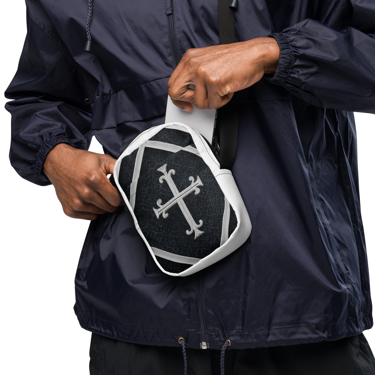 JBI Cross Luxe crossbody bag black and white worn crossbody view
