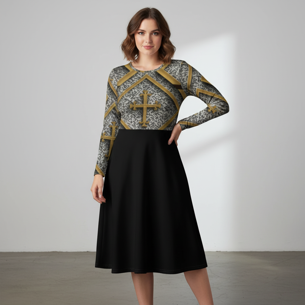 “Front view of the JBI Kingdom Cross Couture Dress in gold and black.”