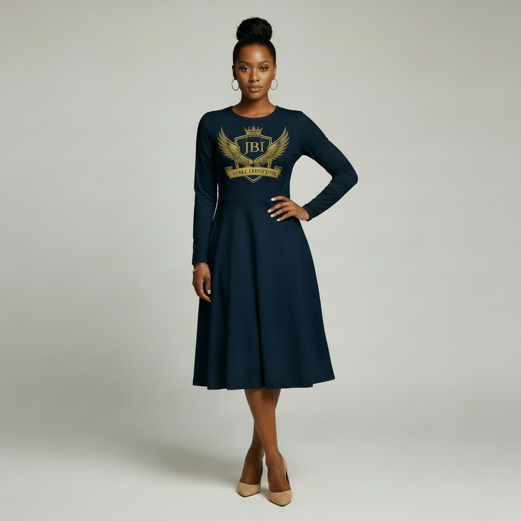 “Navy long-sleeve JBI Wing Collection women’s midi dress with gold crest, fitted waist, flared skirt, and elegant Kingdomwear design.”