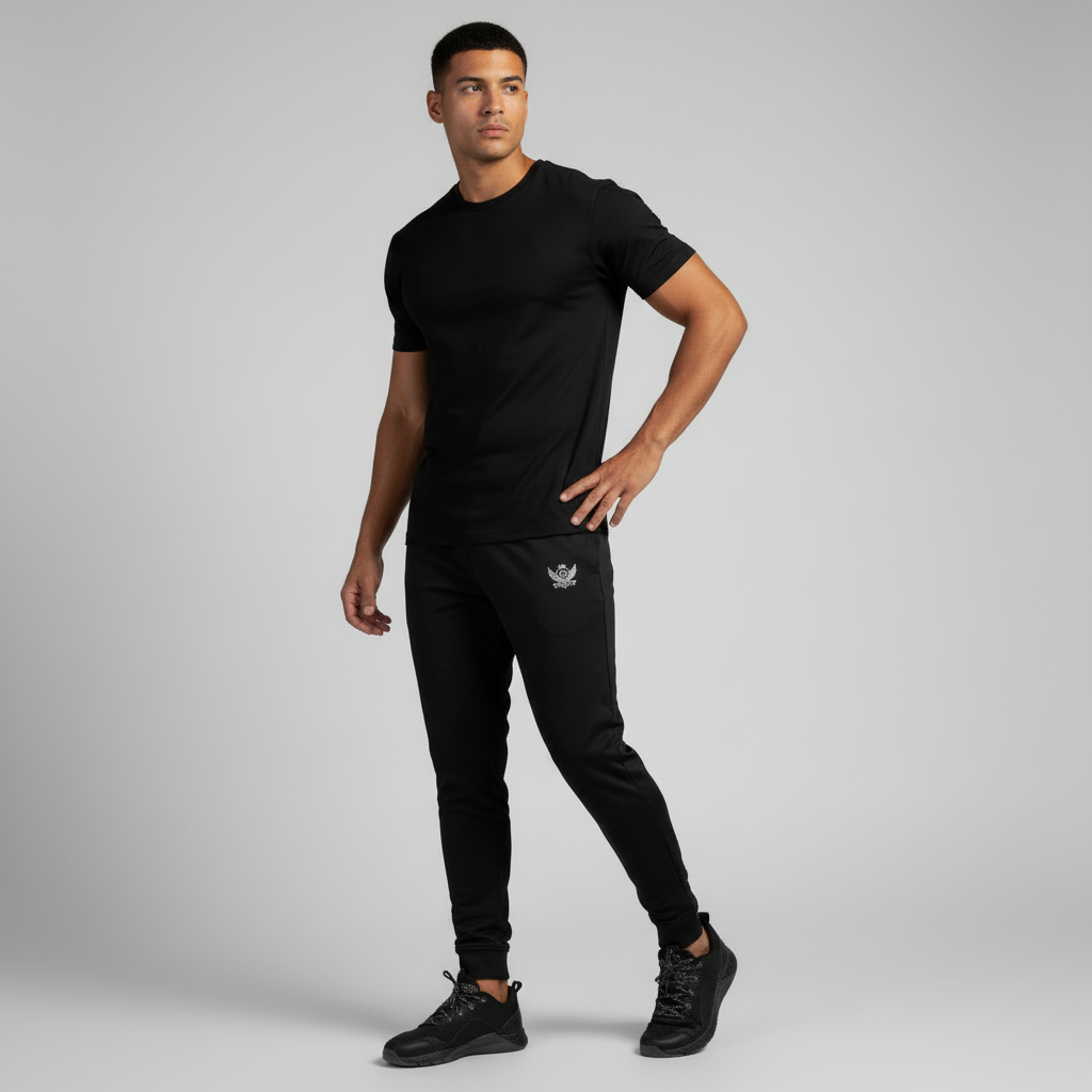 "Model wearing black joggers with JBI logo, showcasing a confident, sleek look in a minimalist urban setting."