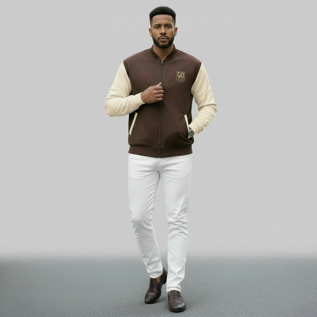 “Front view of the God’s Disciple brown and cream bomber jacket.”