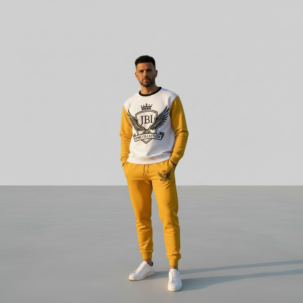“Front view of JBI Wing Collection long sleeve and joggers in white and yellow, featuring wings crest and premium unisex fit.”
