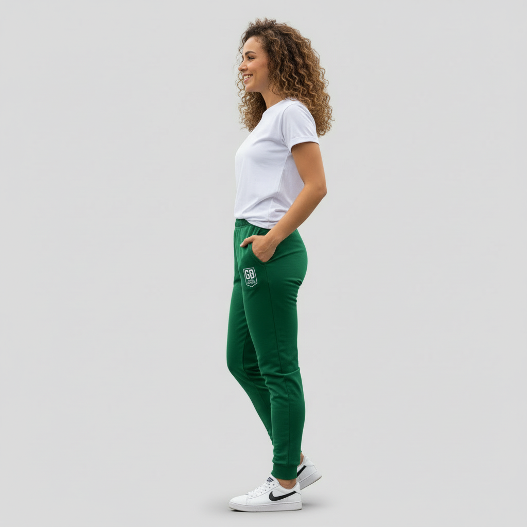 “Green and white God’s Disciple luxury joggers with subtle logo and tapered athletic fit, perfect for activewear or casual outfits.”