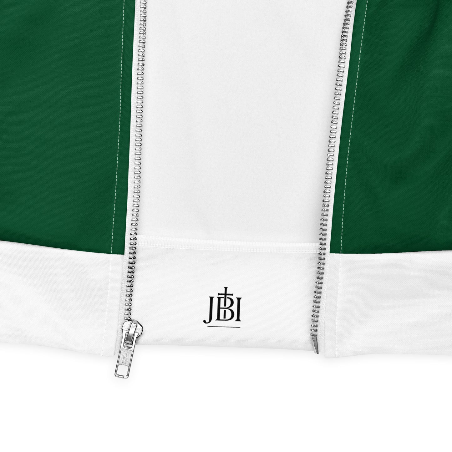 JBI GD unisex bomber jacket green and white zipper detail
