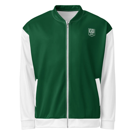 JBI GD unisex bomber jacket green and white front view
