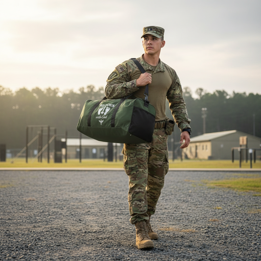 “Man in military uniform carrying the green 10 Toes Down duffle bag outdoors.”