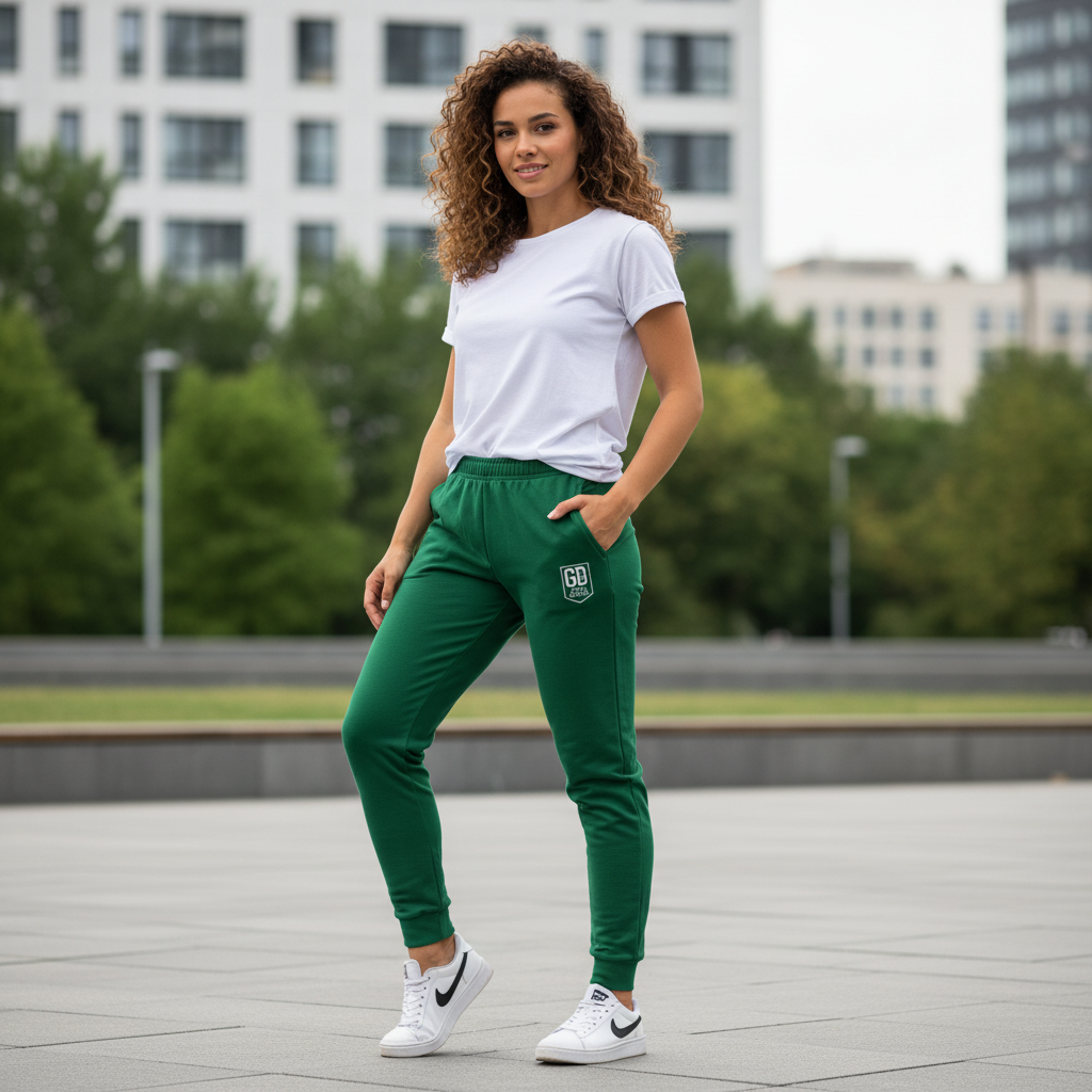 "Model wearing God's Disciple Green Joggers and white tee, standing confidently outdoors in a modern cityscape. The joggers feature a sleek fit and the signature GD logo, perfect for both casual wear and active lifestyles."
