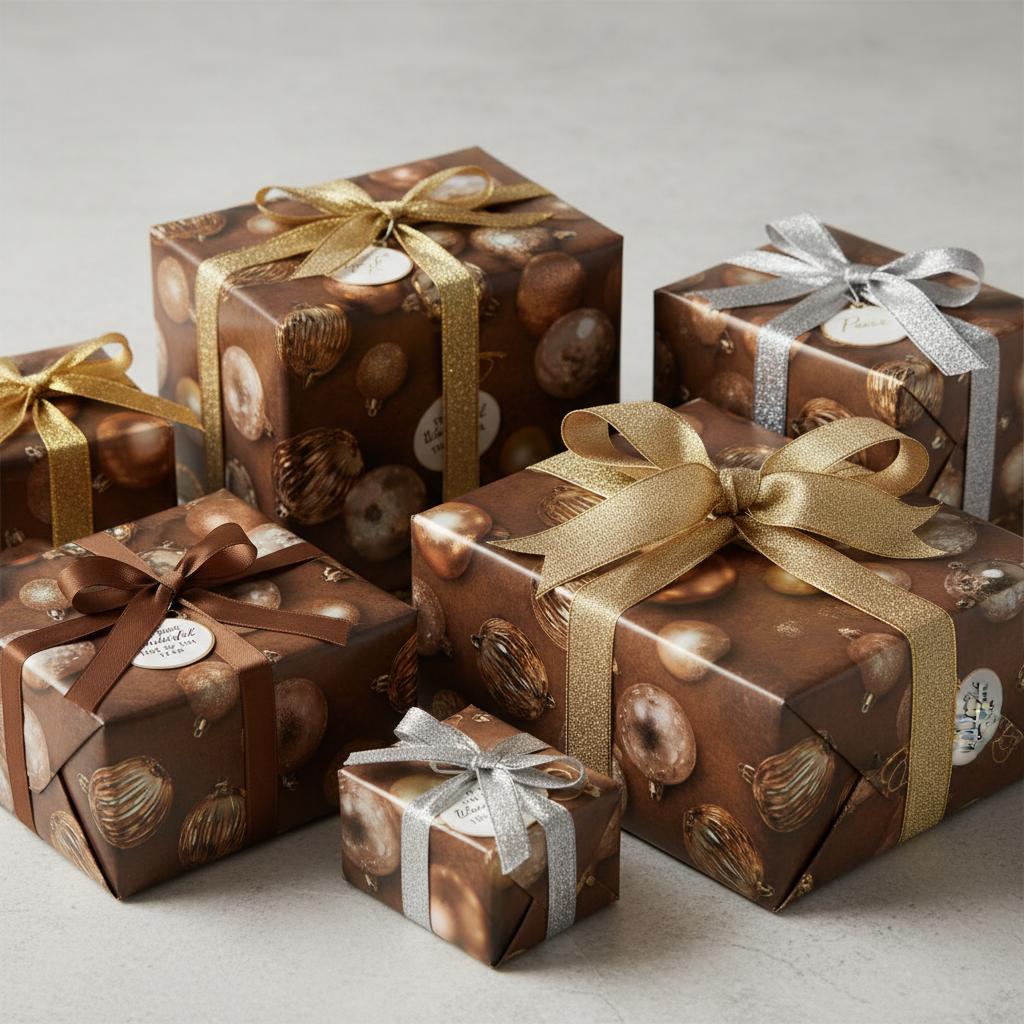 “Luxury brown Christmas wrapping paper with gold ornaments on stacked gift boxes.”