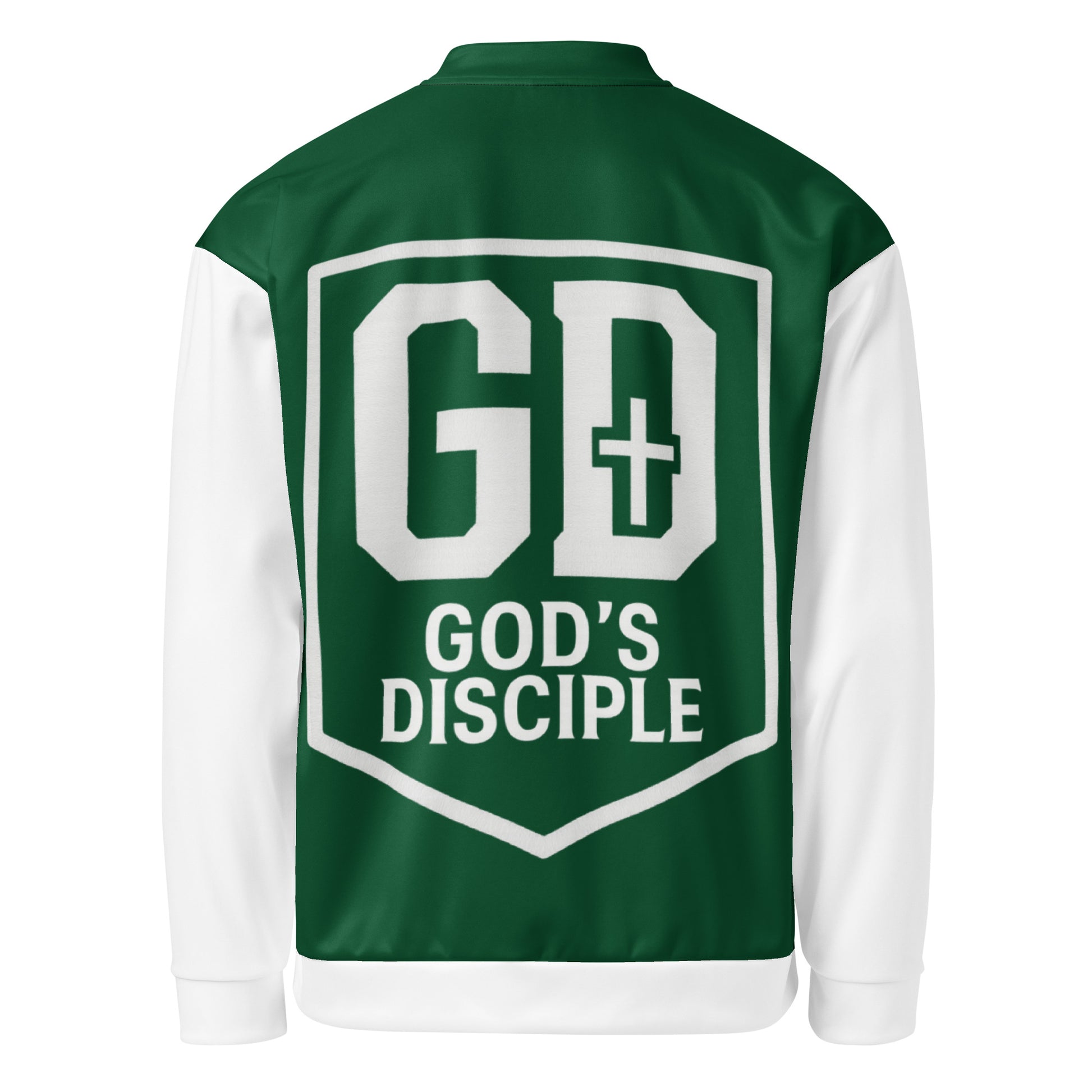 "God's Disciple Bomber Jacket in green with GD logo, paired with matching joggers, worn by model standing and holding a notebook."