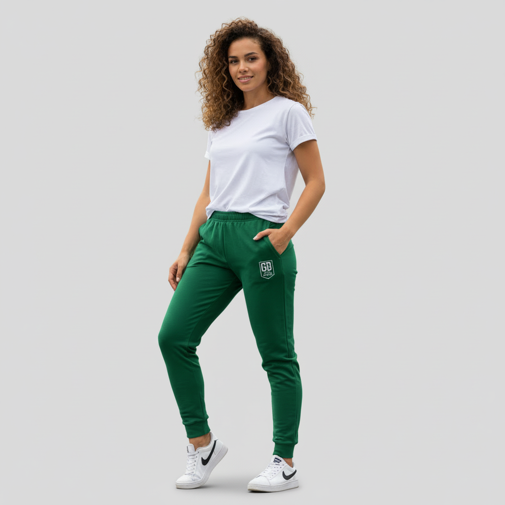 “Green and white God’s Disciple luxury joggers with subtle logo and tapered athletic fit, perfect for activewear or casual outfits.”