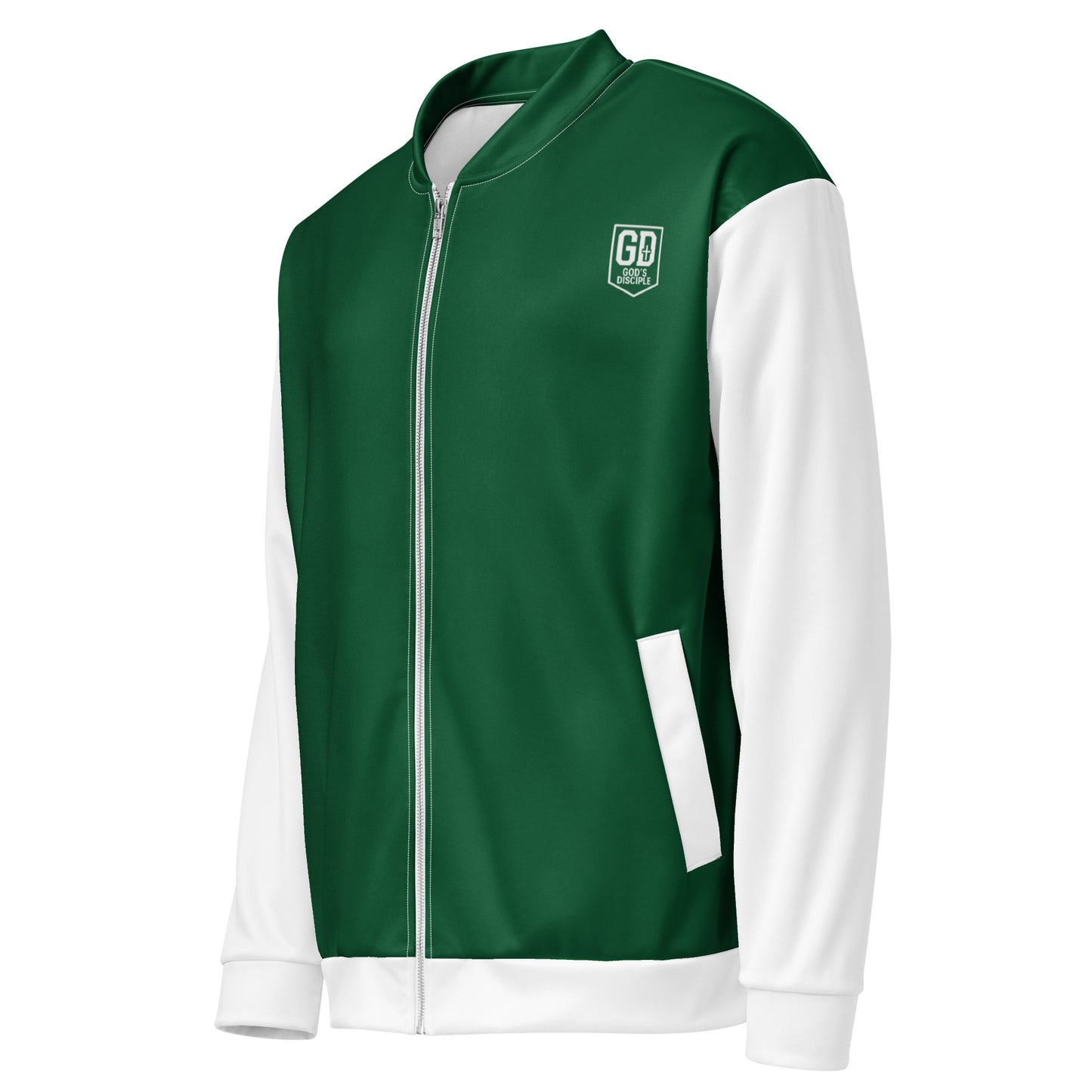 JBI GD unisex bomber jacket green and white side view
