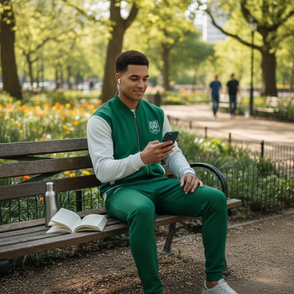 "Model wearing God's Disciple Green Joggers and jacket, sitting on a park bench while checking his phone. The vibrant green joggers, paired with the GD branding, capture a relaxed, active lifestyle in a sunny outdoor setting."