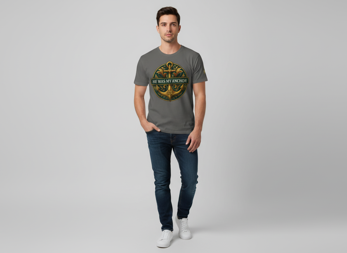 Model wearing the He Was My Anchor Christian tee in gray.