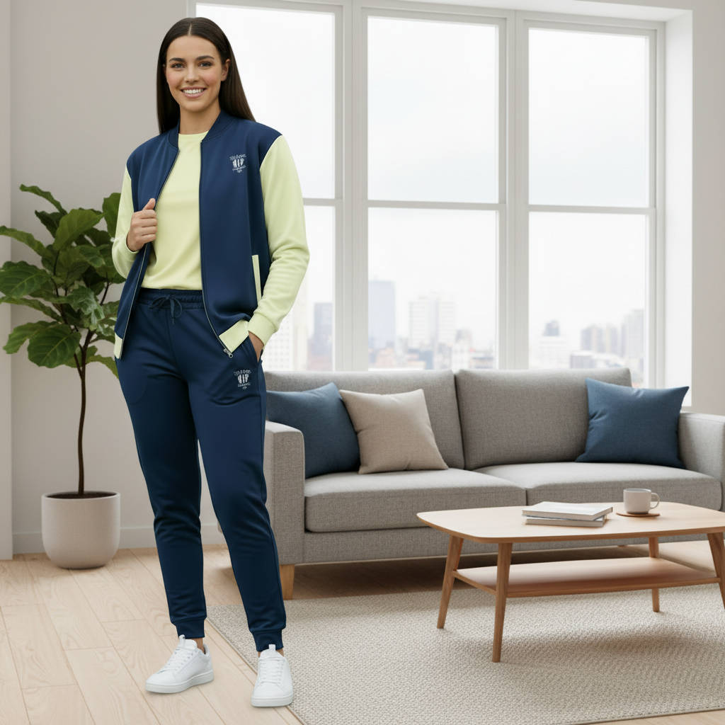 “Front view of woman wearing the God’s Disciple bomber jacket in navy and light yellow.”