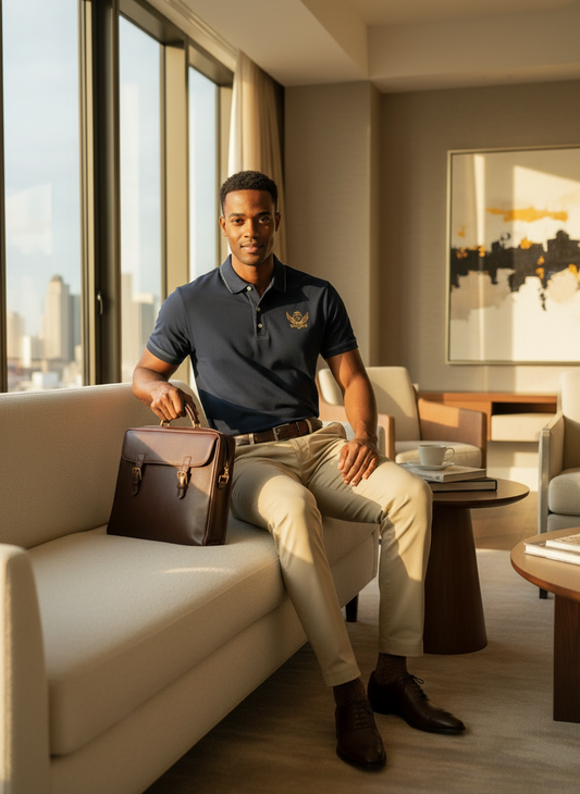 “Man wearing navy JBI Wing Collection polo sitting indoors in a modern lounge setting.”